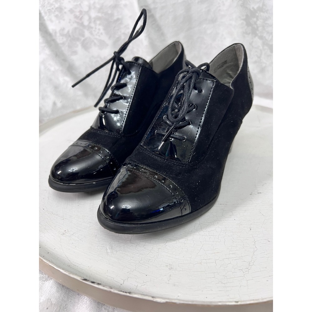 KS Kamron Black Faux Suede and Patent Lace Up Oxford Block Heel Booties 7.5M